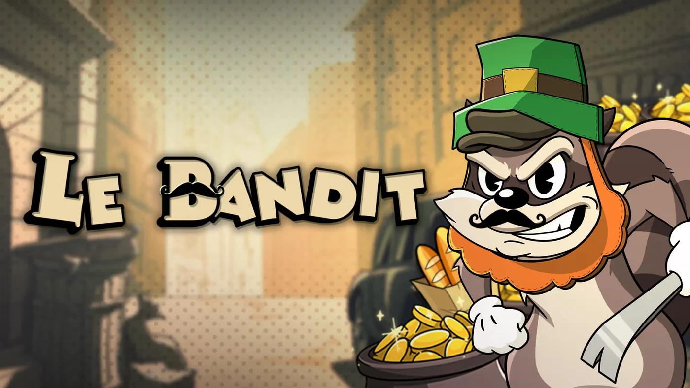 Le Bandit sleutelkunst van Hacksaw Gaming: de bandiet met groene hoge hoed en snor houdt een pot goudstukken en een stokbrood vast in een Franse straat
